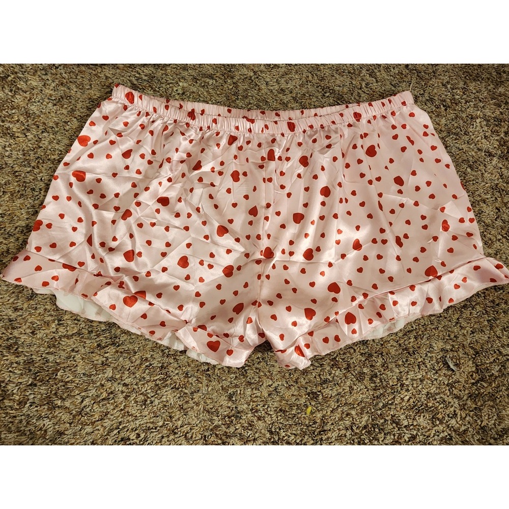 NWOT Pink Satin‎ Heart Print Pajama Set XL Cami Top Ruffle Shorts Sleepwear - Picture 4 of 6